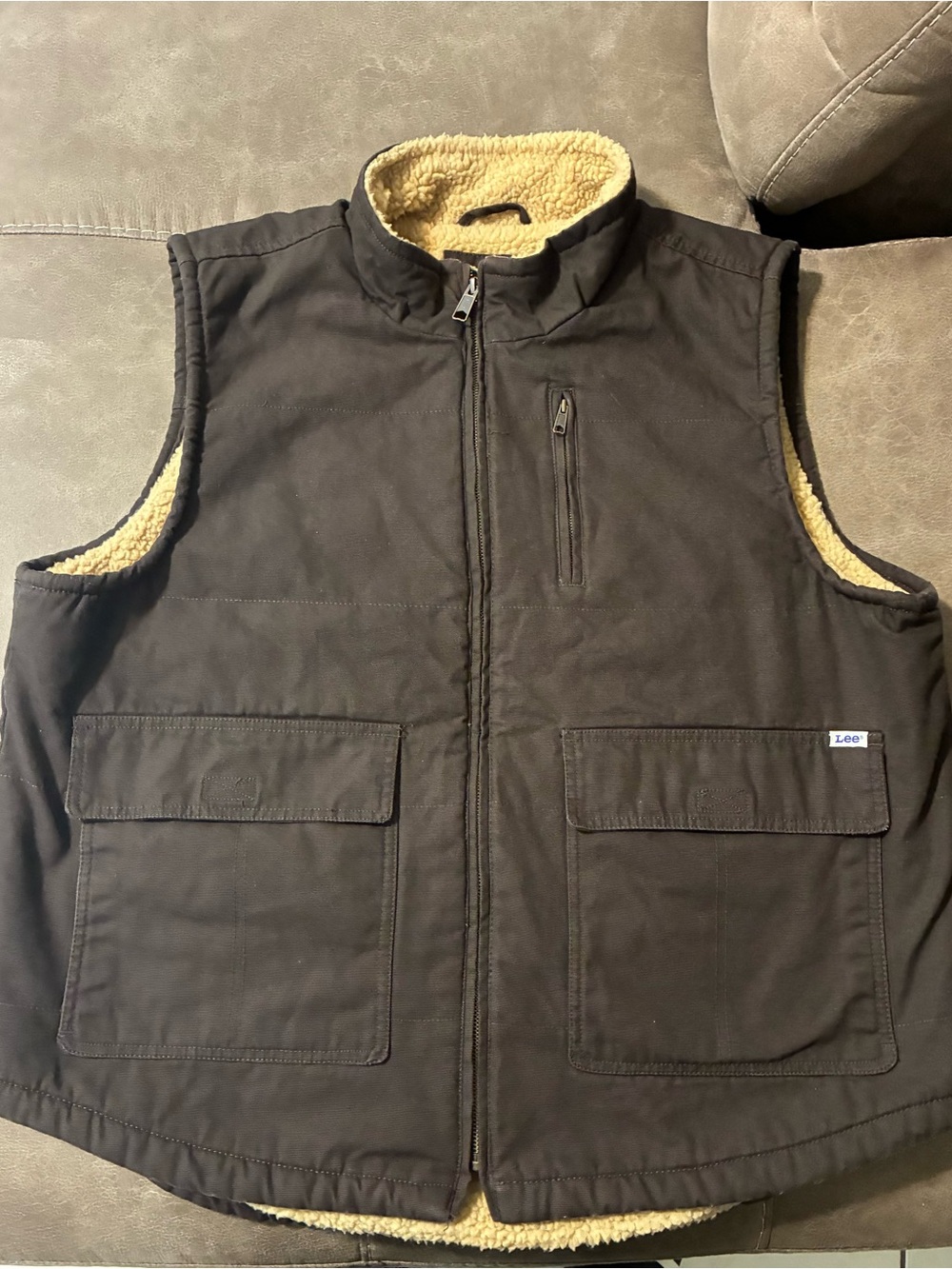 Lee Workwear Vest Mens XL Brown Canvas Sherpa Lined Outdoor Mock Neck Full Zip